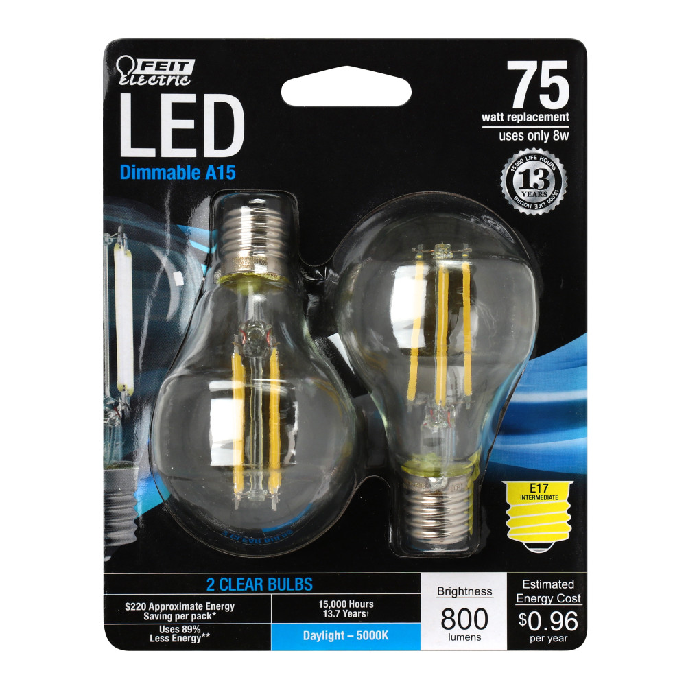 Feit Electric 75W A15 E17 5000K Glass Filament LED Bulb 2pk - Ascmtools