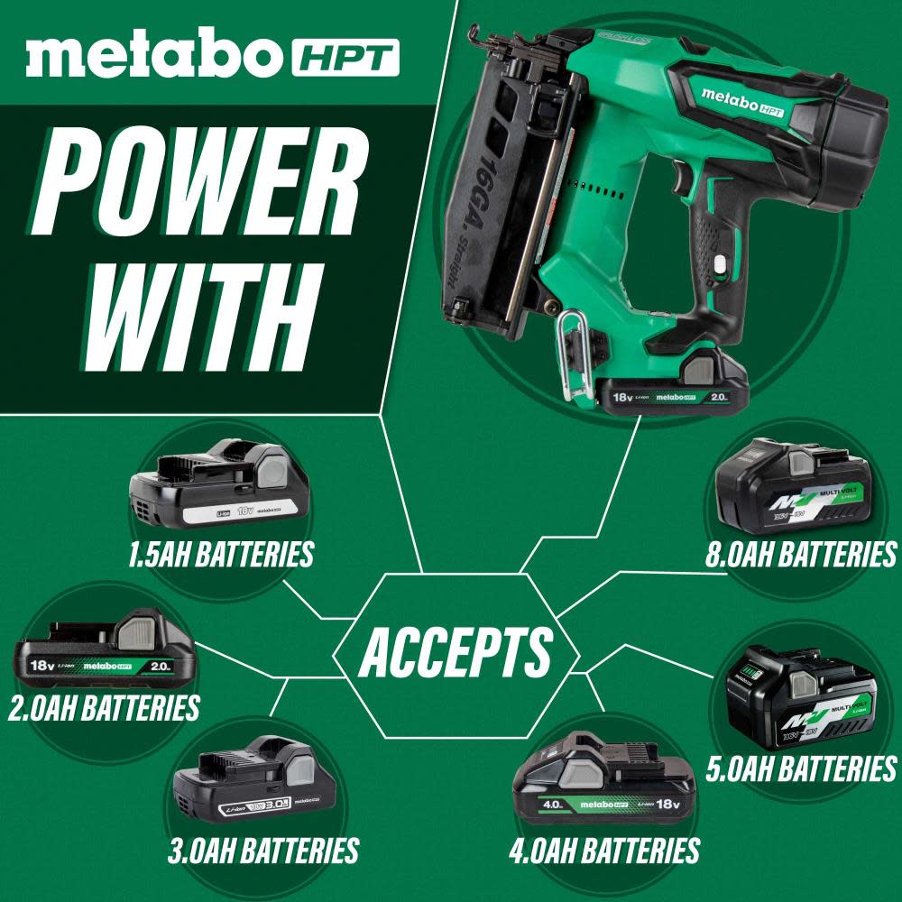 Metabo HPT 18V MultiVolt Straight Finish Nailer 16 Gauge 2Ah Kit - Ascmtools