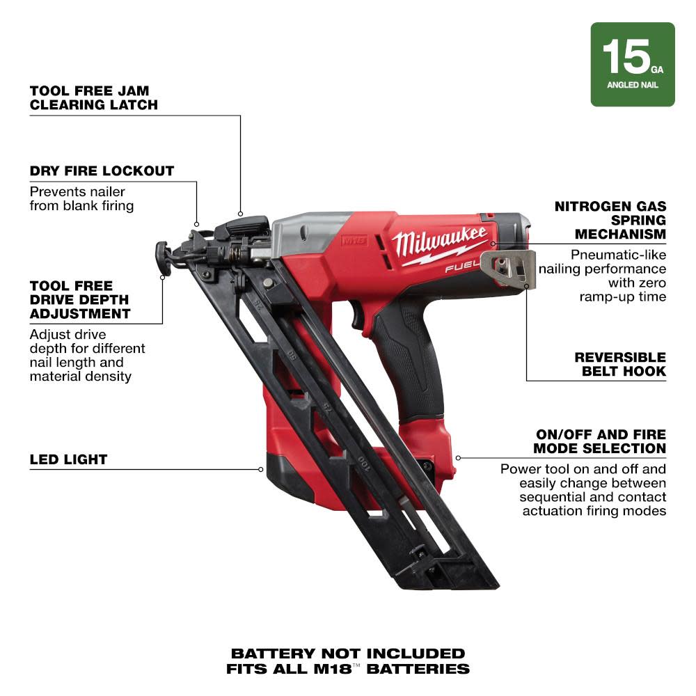 Milwaukee M18 FUEL 15 Gauge Finish Nailer - Ascmtools