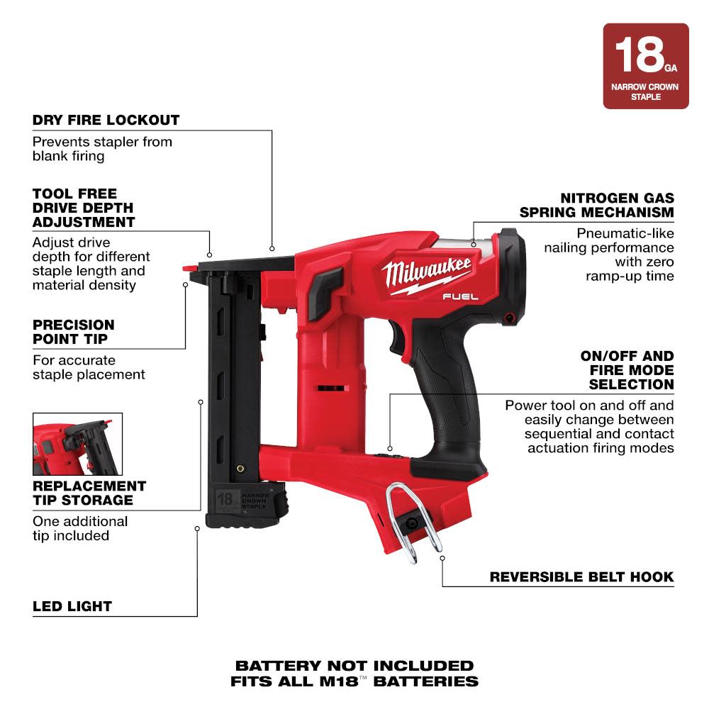 Milwaukee M18 FUEL 18 Gauge 1/4 in. Narrow Crown Stapler (Bare Tool) - Ascmtools