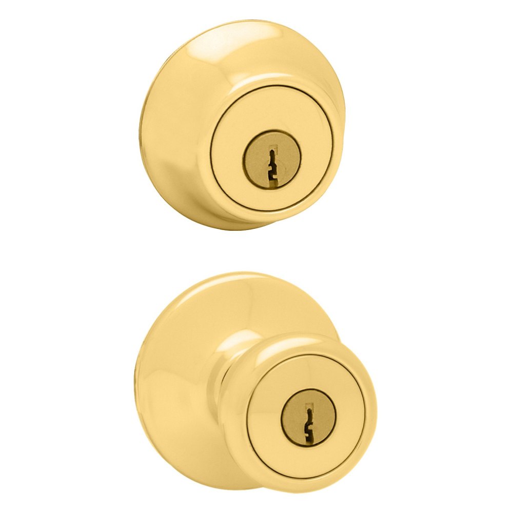 Kwikset Polished Brass Tylo Entry Knob and Double Cylinder Deadbolt Set - Ascmtools
