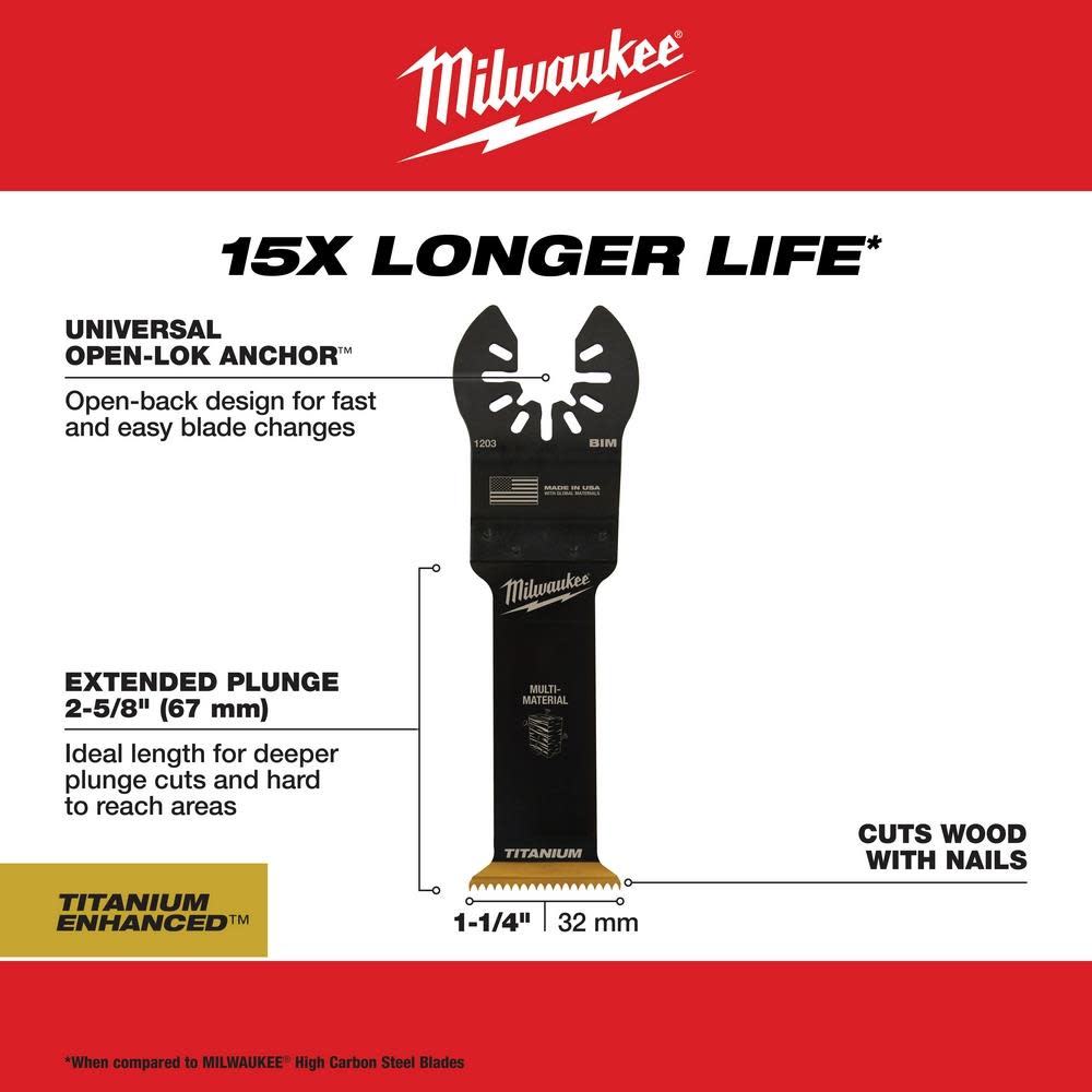 Milwaukee OPEN-LOK 1-1/4″ TITANIUM ENHANCED BI-METAL MULTI-MATERIAL BLADE 1PK - Ascmtools