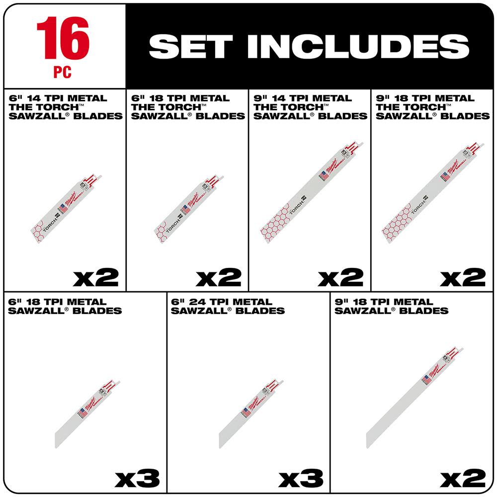 Milwaukee SAWZALL Metal Cutting Blade Set 16pc - Ascmtools
