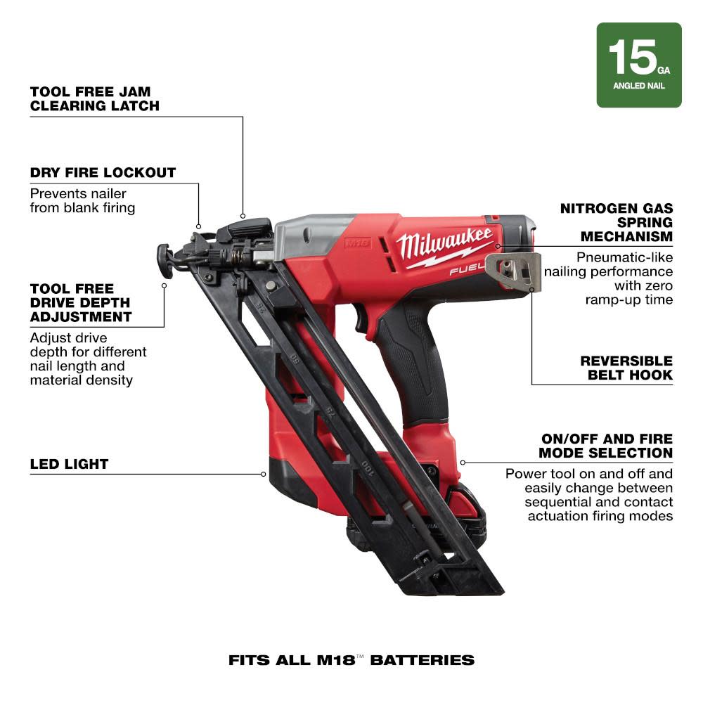 Milwaukee M18 FUEL 15 Gauge Finish Nailer Kit - Ascmtools