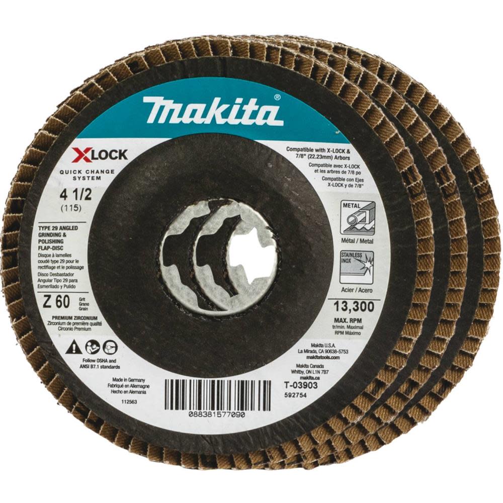 Makita X-LOCK 4 1/2″ Angled Grinding and Polishing Flap Disc X-LOCK and All 7/8″ Arbor Grinders 60 Grit Type 29 3pk - Ascmtools