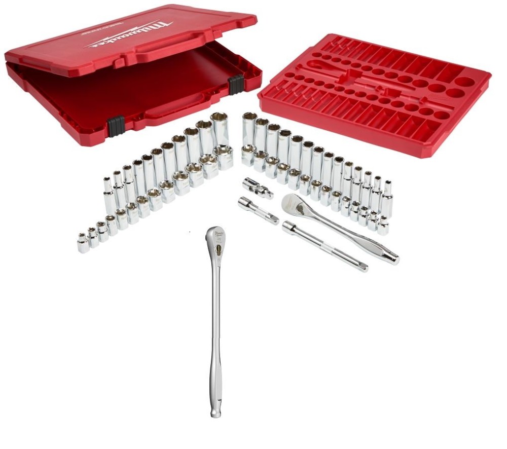 Milwaukee 3/8″ Drive 56pc Tool Set SAE/Metric with 12″ Ratchet Bundle - Ascmtools