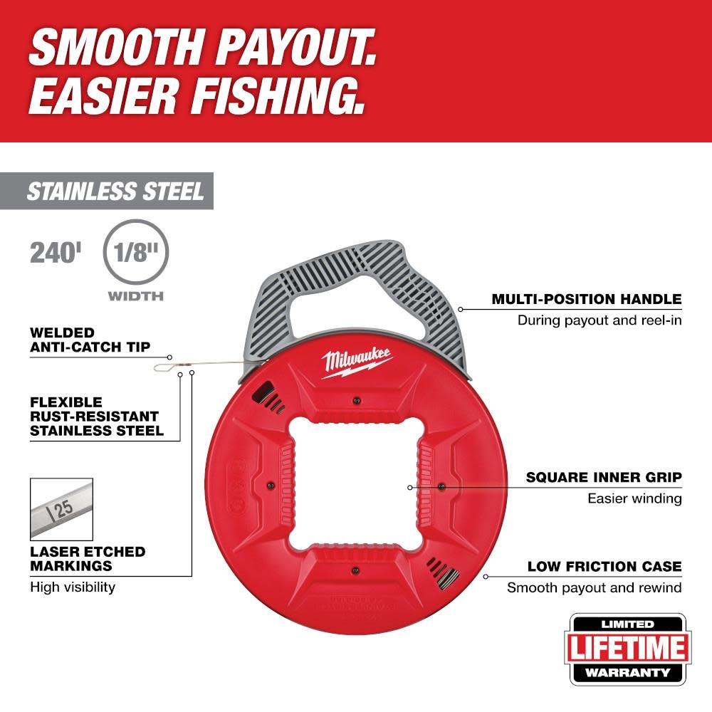 Milwaukee Fish Tape 240′ 1/8″ Stainless Steel - Ascmtools