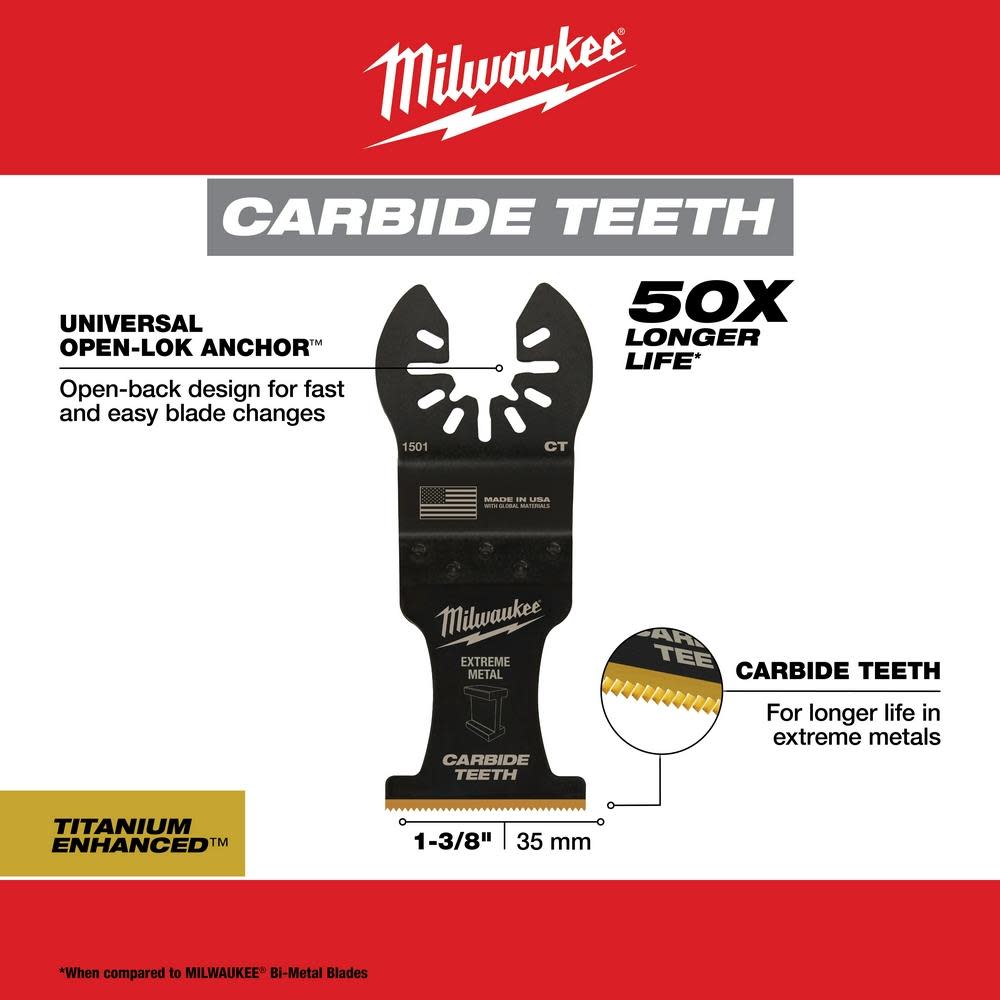 Milwaukee OPEN-LOK 1-3/8″ TITANIUM ENHANCED CARBIDE TEETH METAL BLADE 5PK - Ascmtools