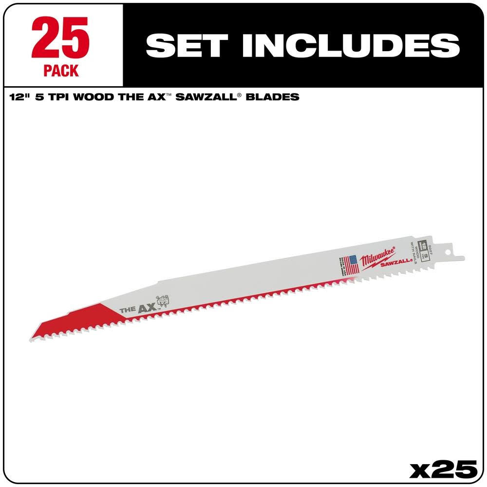 Milwaukee 12 in. 5 TPI The Ax SAWZALL Blade 25PK - Ascmtools
