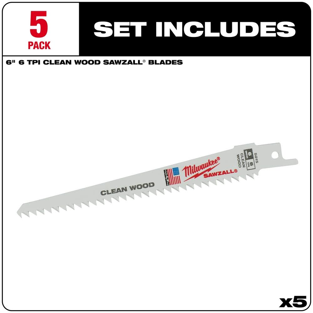 Milwaukee 6 in. 6 TPI Fleam Ground SAWZALL Blades 5PK - Ascmtools