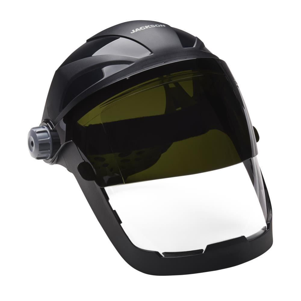 Jackson Safety QUAD 500 Premium Multi-Purpose Face Shield – Clear Window with Shade 5 IR Flip Visor – Anti-Fog Coating – 370 Speed Dial Ratcheting Headgear - Ascmtools