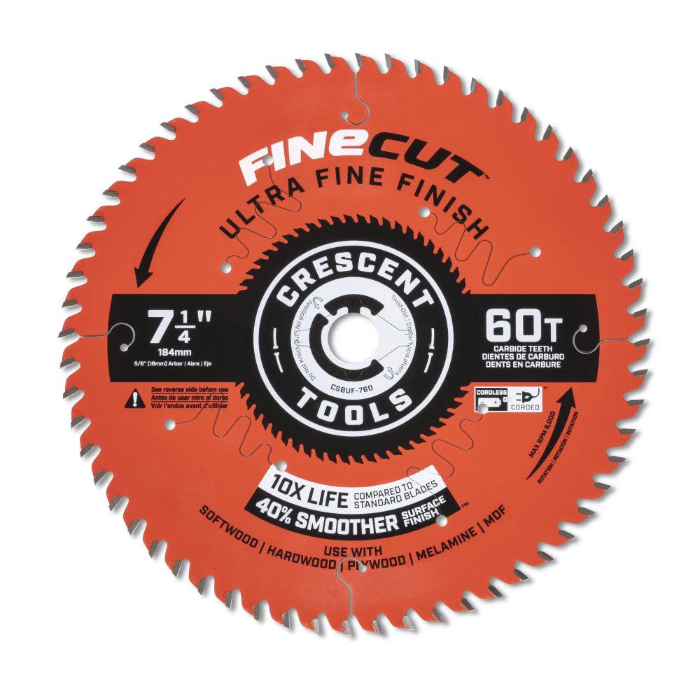 Crescent Circular Saw Blade 7 1/4″ x 60 Tooth Fine Cut Ultra Fine Finishing - Ascmtools