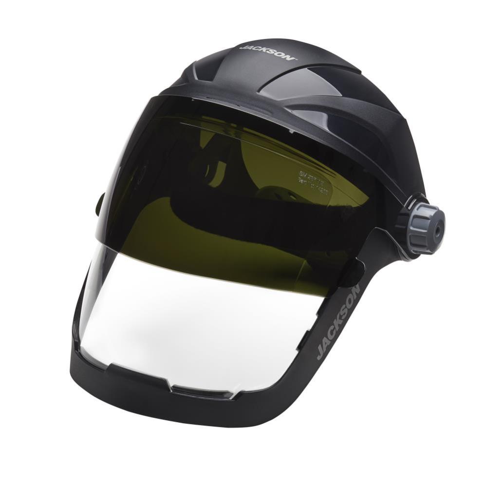 Jackson Safety QUAD 500 Premium Multi-Purpose Face Shield – Clear Window with Shade 5 IR Flip Visor – Anti-Fog Coating – 370 Speed Dial Ratcheting Headgear - Ascmtools