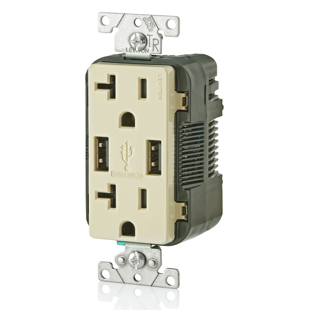 Leviton Decora 20A 125V Ivory NEMA 5-20R Outlet & USB Charger - Ascmtools