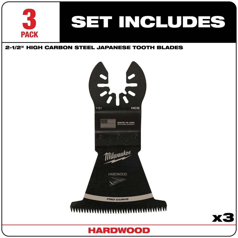 Milwaukee OPEN-LOK 2-1/2″ HCS JAPANESE TOOTH PRO-CURVE HARDWOOD BLADE 3PK - Ascmtools