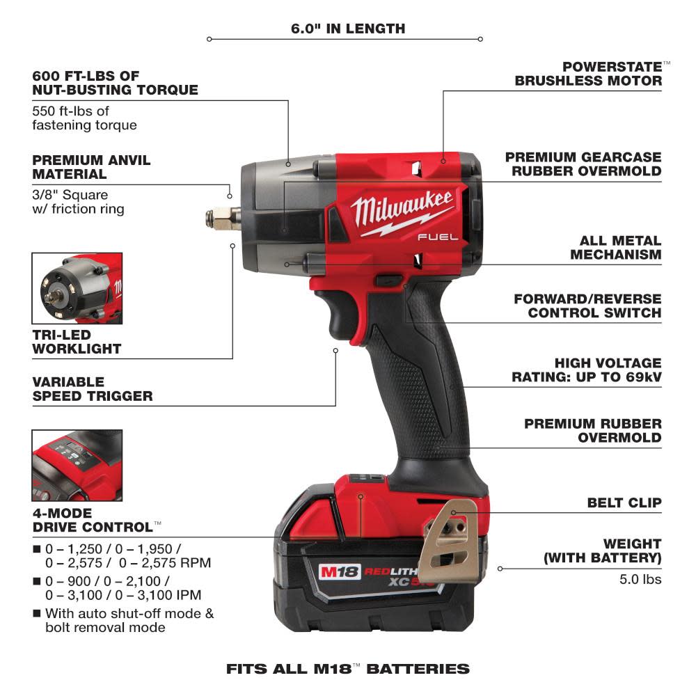 Milwaukee M18 FUEL 3/8 Mid-Torque Impact Wrench with Friction Ring Kit - Ascmtools