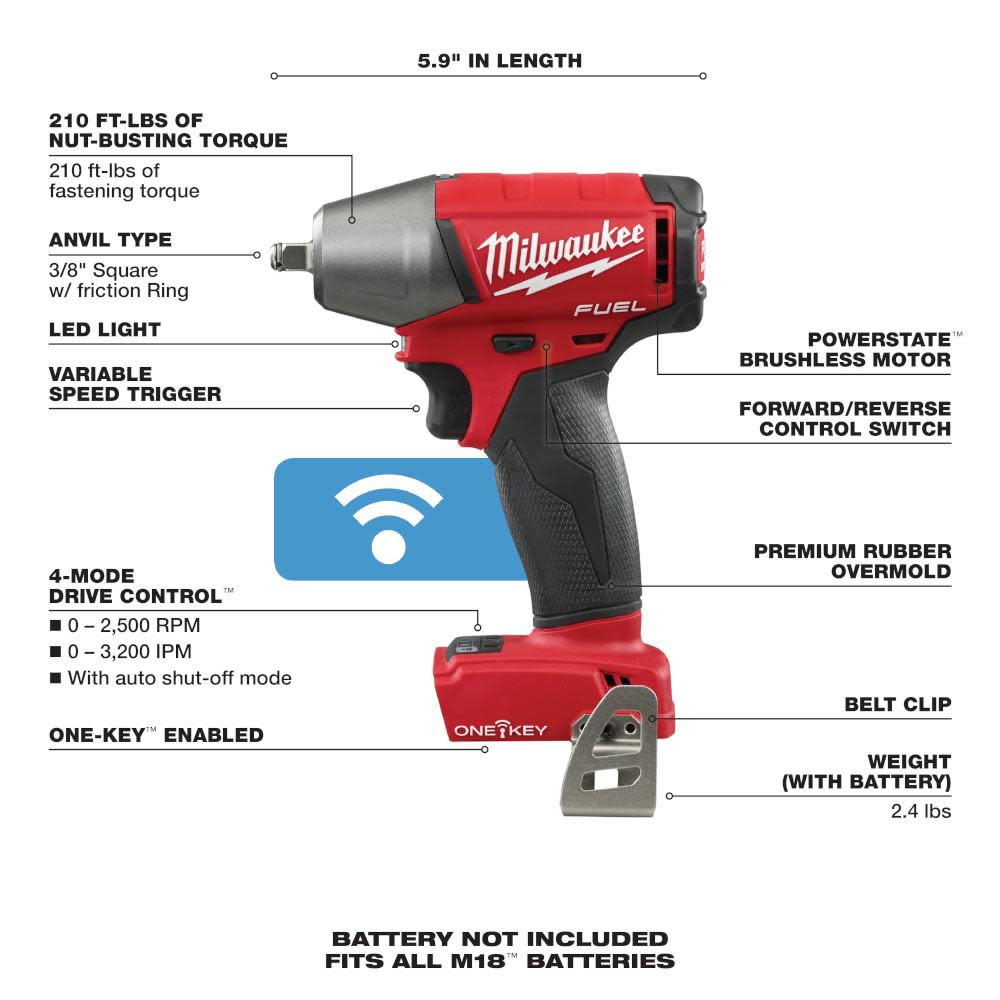 Milwaukee M18 FUEL 3/8 in. Compact Impact Wrench with Friction Ring with ONE-KEY - Ascmtools