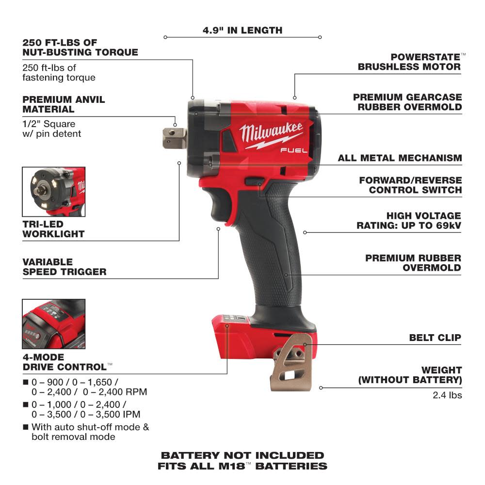 Milwaukee M18 FUEL 1/2 Compact Impact Wrench with Pin Detent - Ascmtools