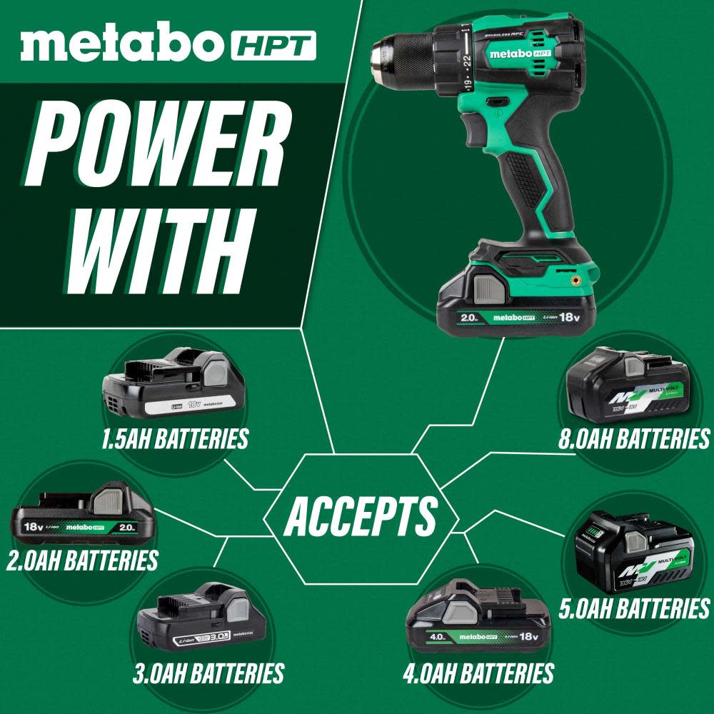 Metabo HPT 18V MultiVolt Cordless Brushless Hammer Drill Kit (2 x 2.0Ah) - Ascmtools