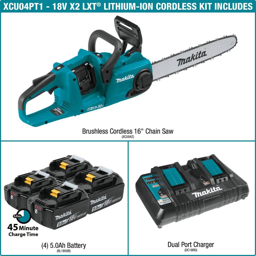 Makita 18V X2 (36V) LXT Lithium-Ion Brushless Cordless 16″ Chain Saw Kit with 4 Batteries (5.0Ah) - Ascmtools