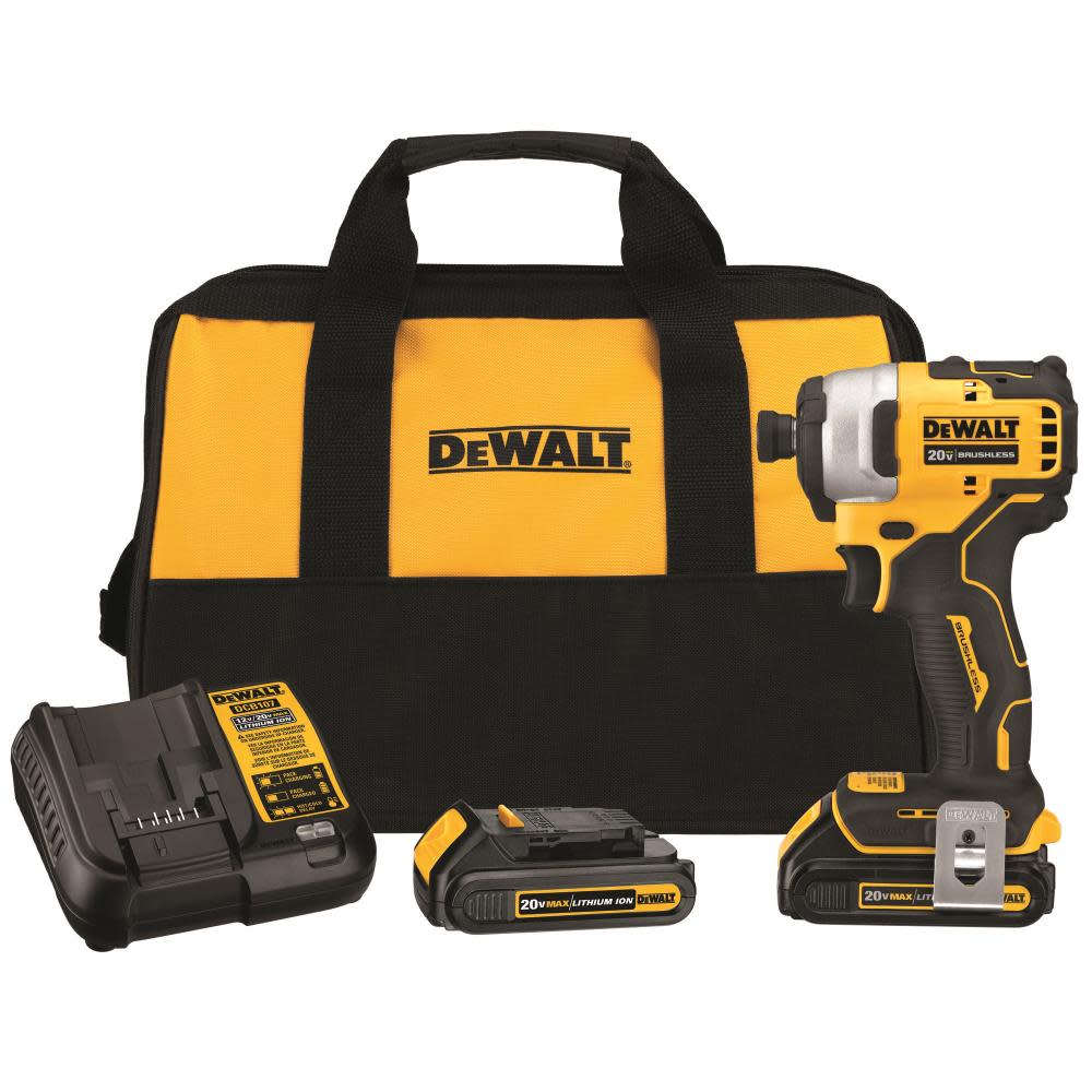 DEWALT 20V MAX* Brushless Atomic Compact 1/4in Impact Driver Kit (2 Batteries) - Ascmtools