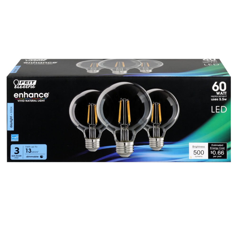 Feit Electric 60W G25 5000K Filament LED Bulb 3pk - Ascmtools
