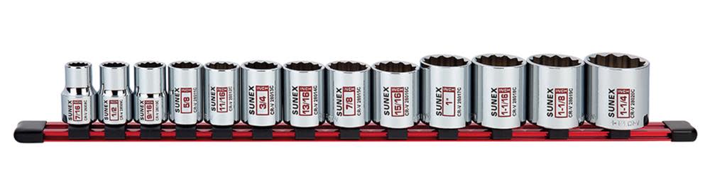Sunex 1/2 In. Dr 12 Pt Standard SAE Socket Rail 13 Pc Set - Ascmtools