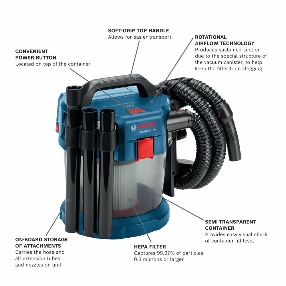 Bosch 18 V 2.6-Gallon Wet/Dry Vacuum Cleaner with HEPA Filter (Bare Tool) - Ascmtools