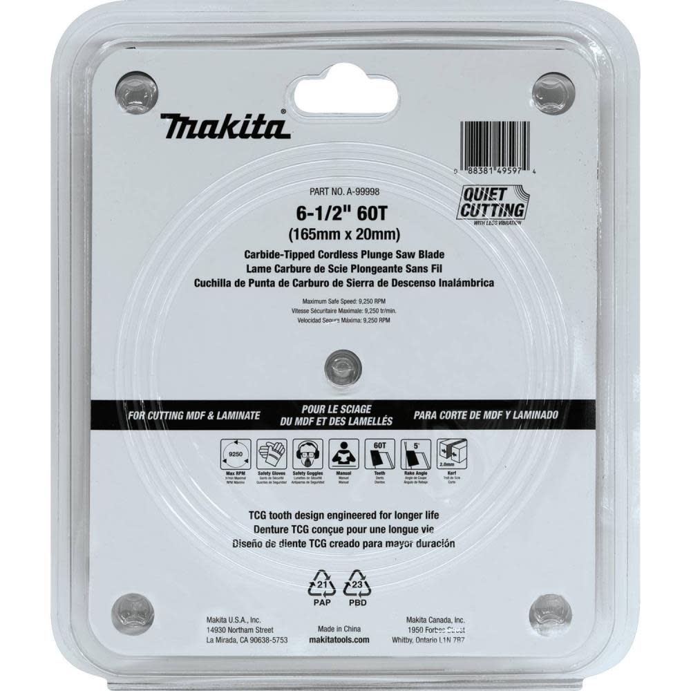Makita 6-1/2″ 60T (TCG) Carbide-Tipped Cordless Plunge Saw Blade - Ascmtools