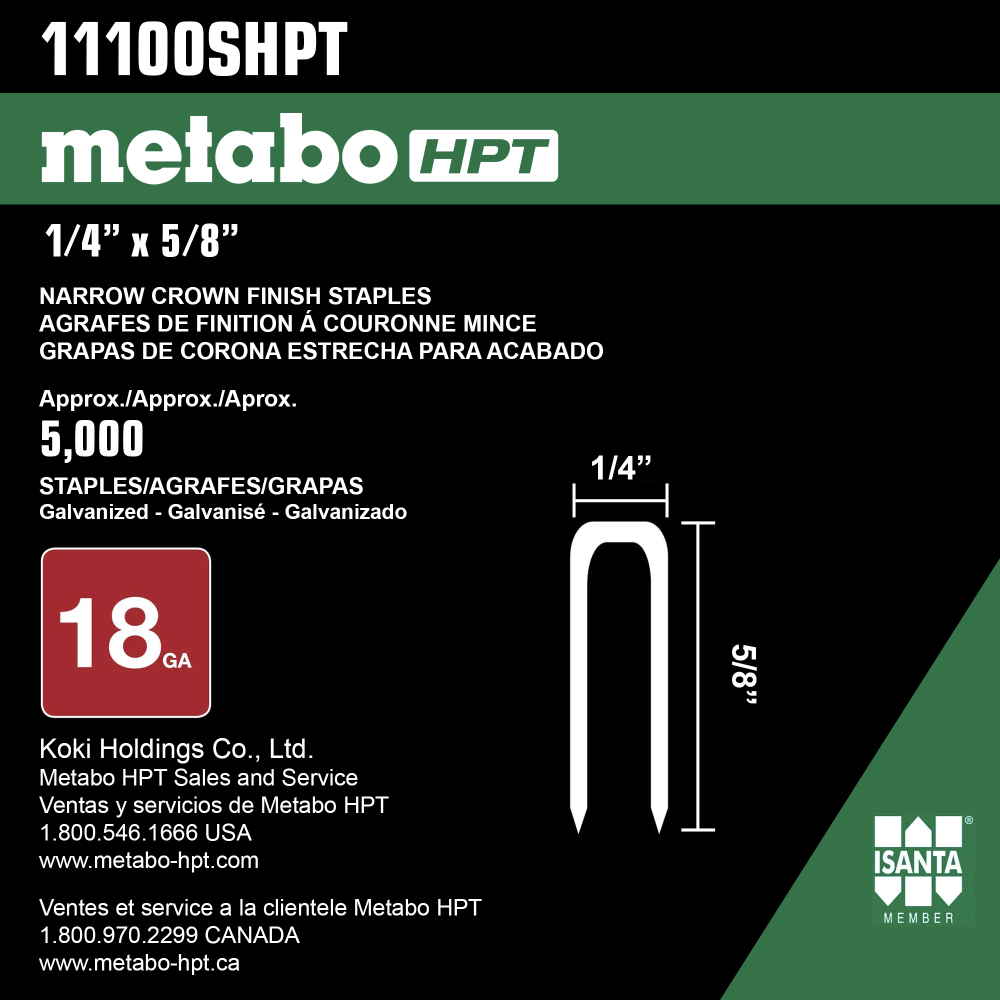 Metabo HPT Crown Staples 1/4″ x 5/8″ 18 Gauge Electro Galvanize 5000qty - Ascmtools