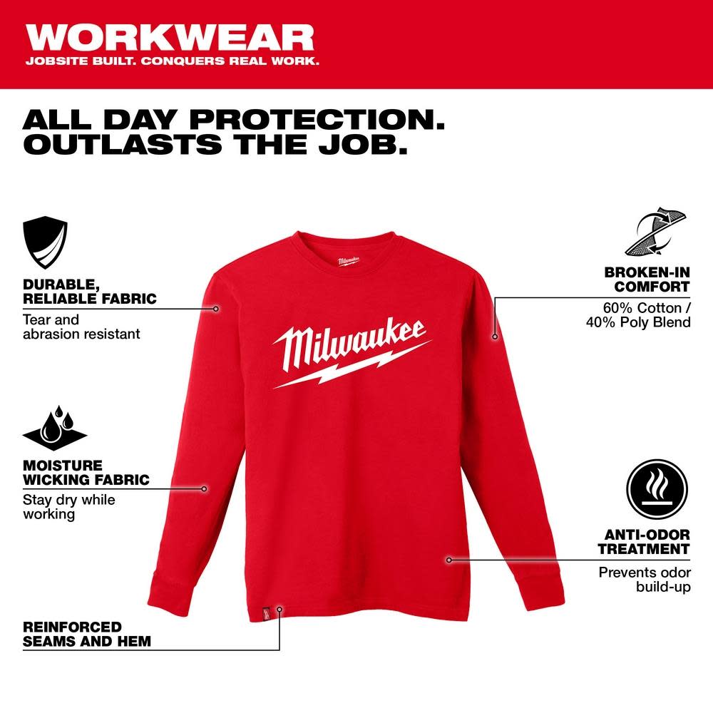Milwaukee Heavy Duty T-Shirt Big Logo Long Sleeve Red - Ascmtools
