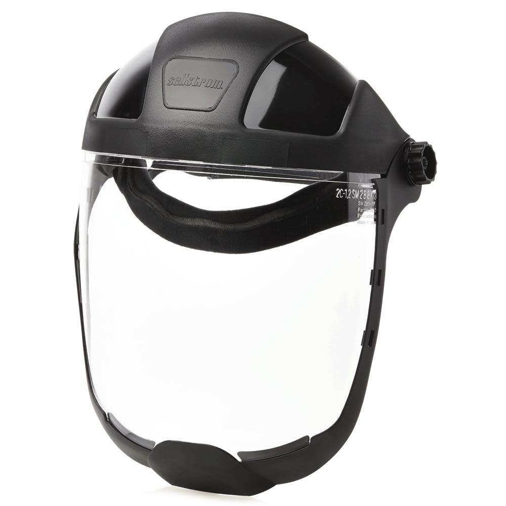 Sellstrom Multi-Purpose Single Crown Face Shield with Ratchet Headgear and Chin Guard Clear Polycarbonate Window Anti-Fog Coating Black Crown - Ascmtools