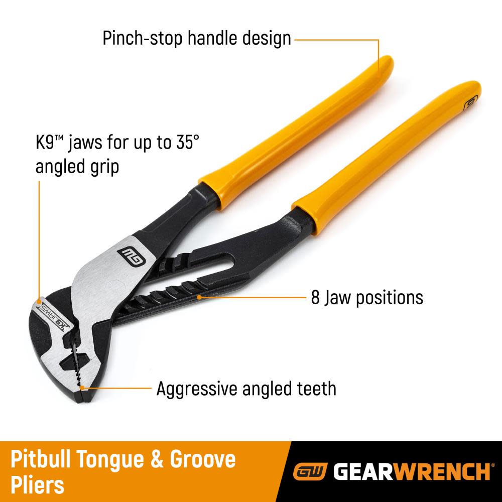 GEARWRENCH 8″ Pitbull K9 Straight Jaw Dipped Handle Tongue and Groove Pliers - Ascmtools