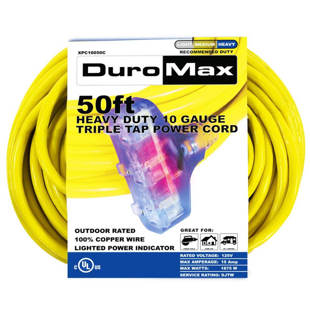 Duromax SJTW Lit Extension Power Cord 50′ 10ga Triple Tap 100% Copper - Ascmtools