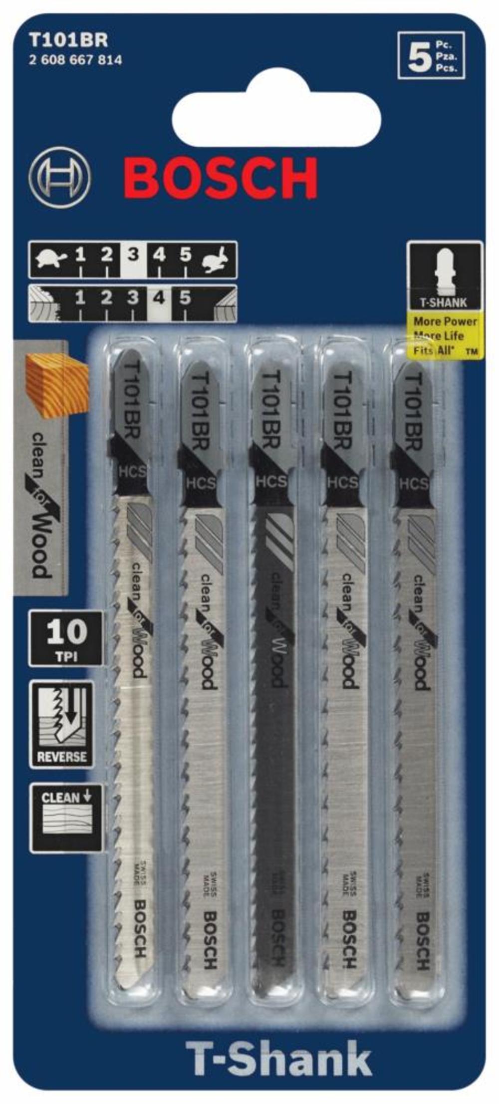 Bosch 5 pc. 4 In. 10 TPI Reverse Pitch Clean for Wood T-Shank Jig Saw Blades - Ascmtools
