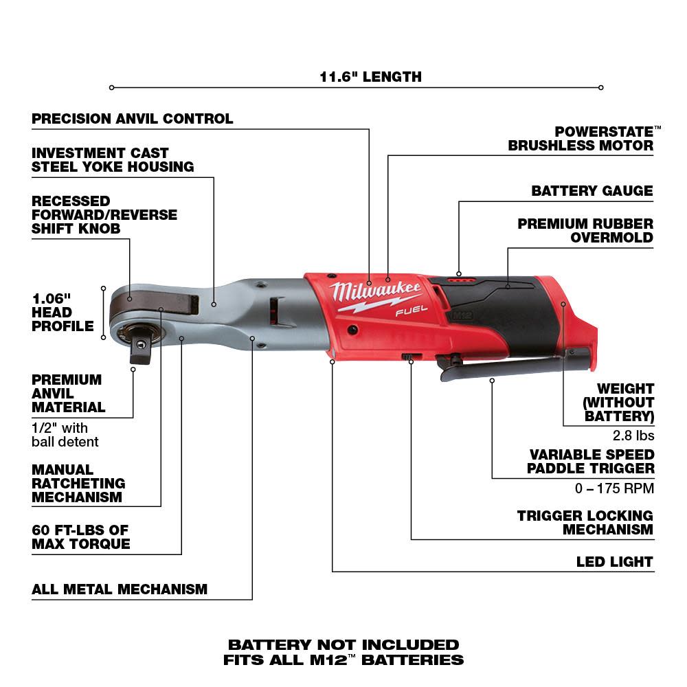 Milwaukee M12 FUEL 1/2 in. Ratchet - Ascmtools