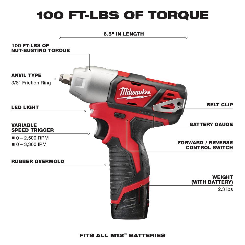 Milwaukee M12 3/8 in. Impact Wrench Kit - Ascmtools