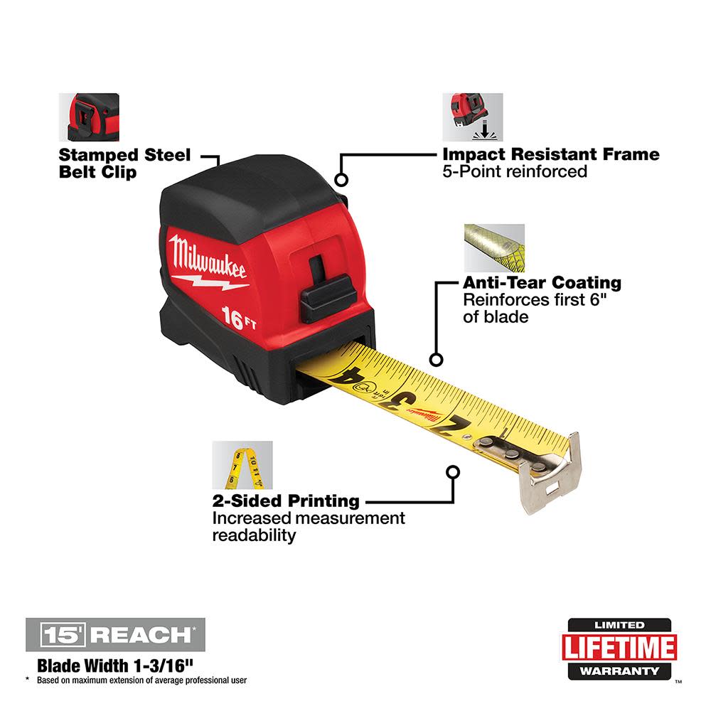 Milwaukee 16Ft Compact Wide Blade Tape Measure - Ascmtools