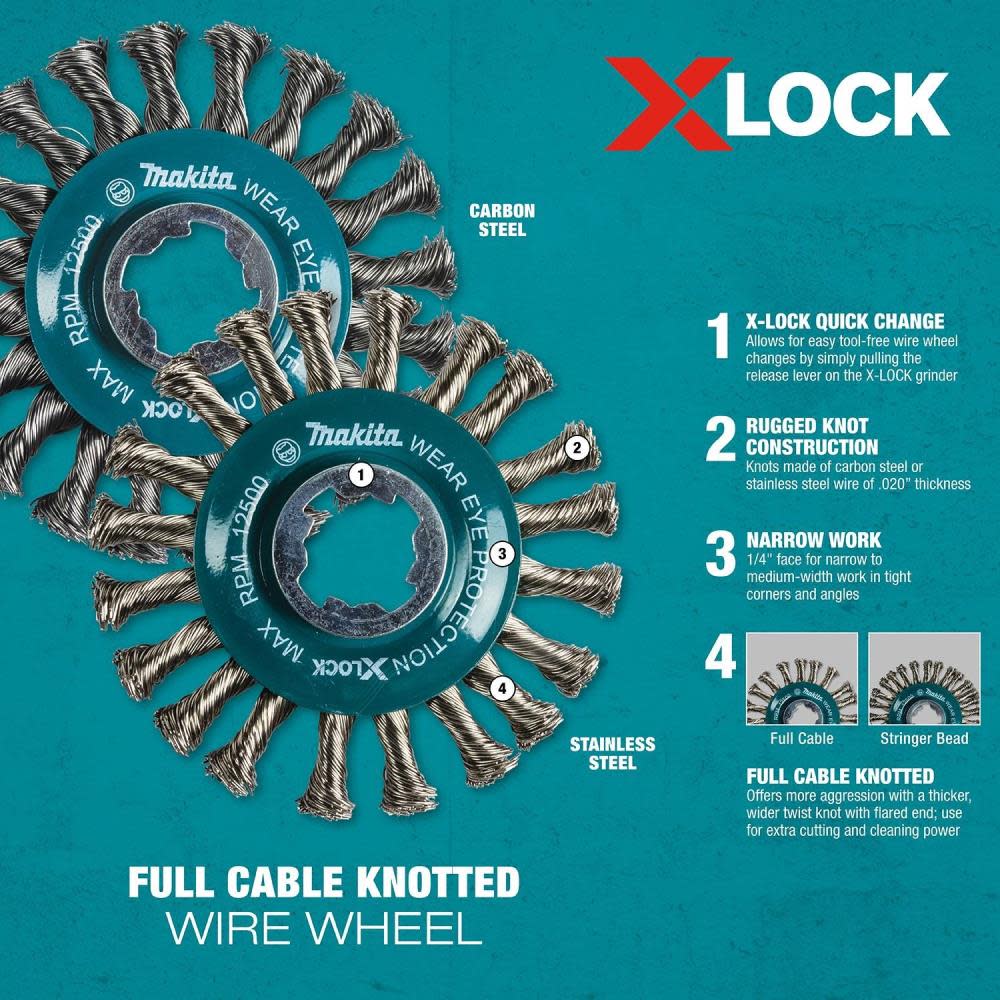 Makita X-LOCK 4-1/2″ Carbon Steel Full Cable Knotted Twist Wire Wheel - Ascmtools