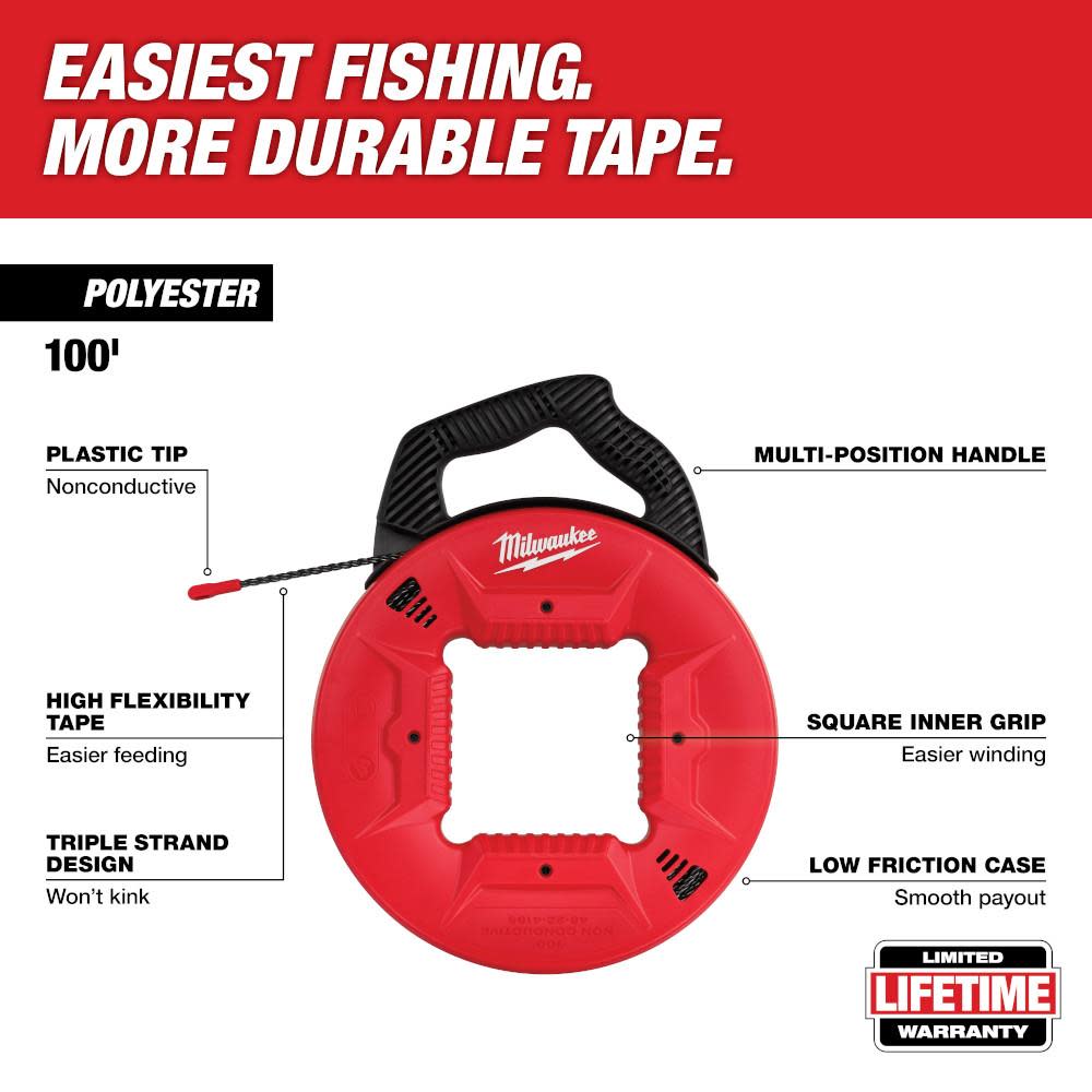 Milwaukee 100 Ft. Polyester Fish Tape with Non-Conductive Tip - Ascmtools
