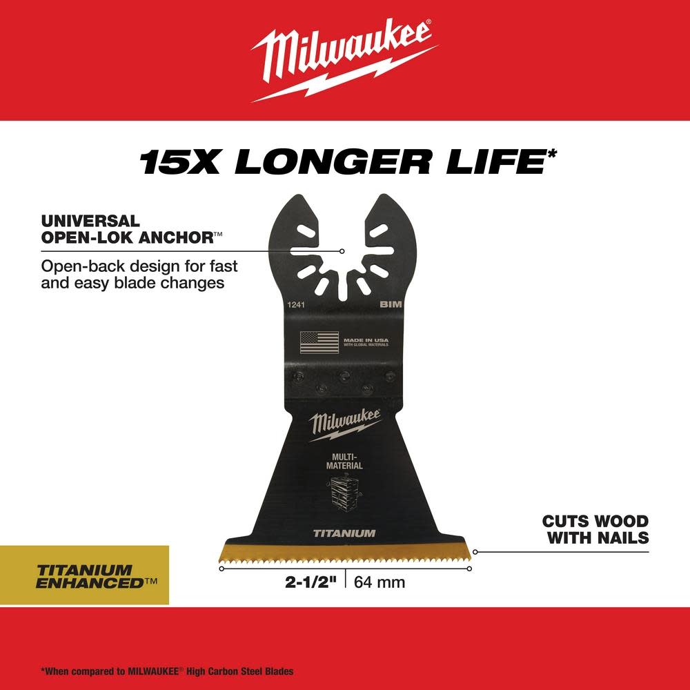 Milwaukee OPEN-LOK 2-1/2″ TITANIUM ENHANCED BI-METAL MULTI-MATERIAL BLADE 1PK - Ascmtools