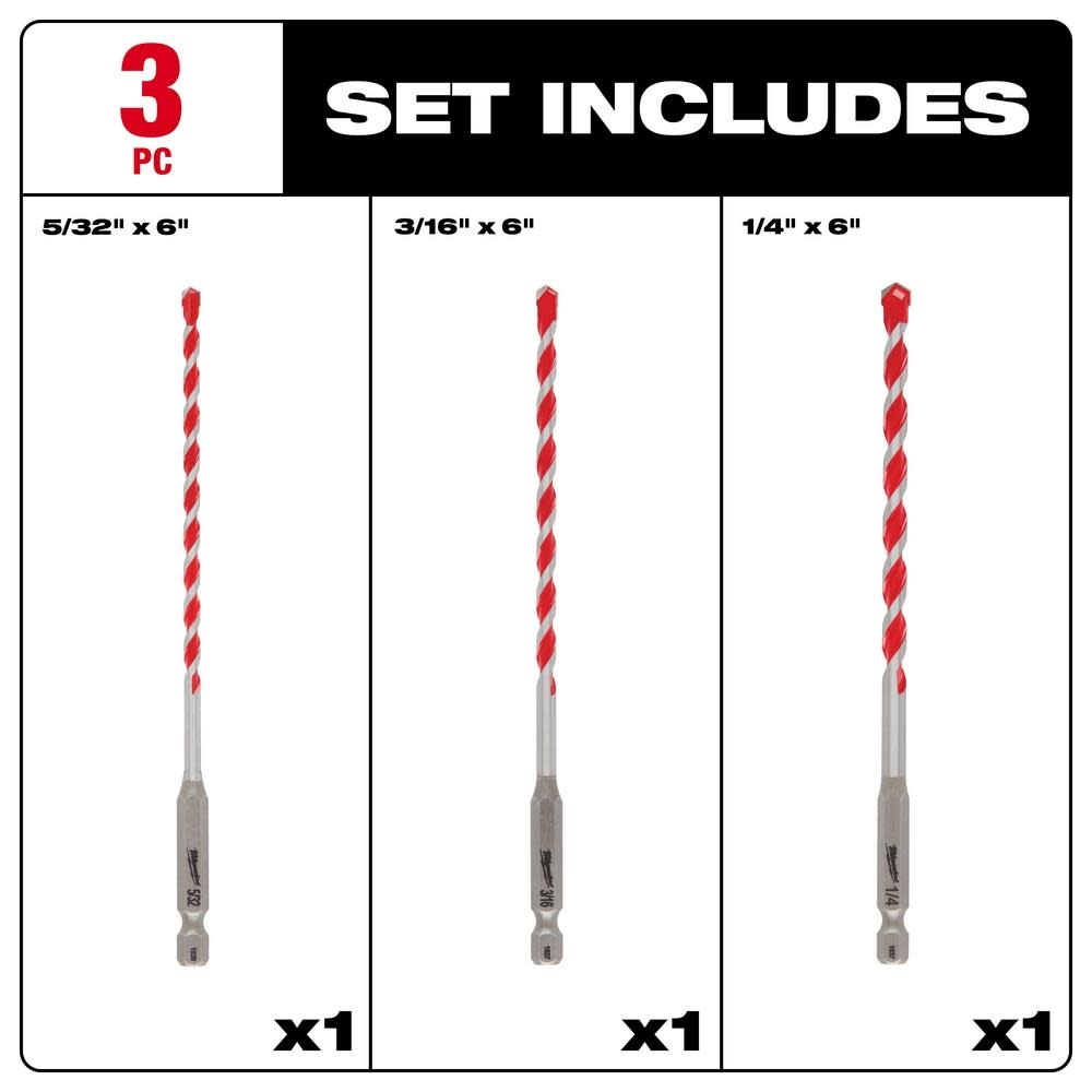 Milwaukee 3 pc SHOCKWAVE Carbide Hammer Drill Bit Kit - Ascmtools