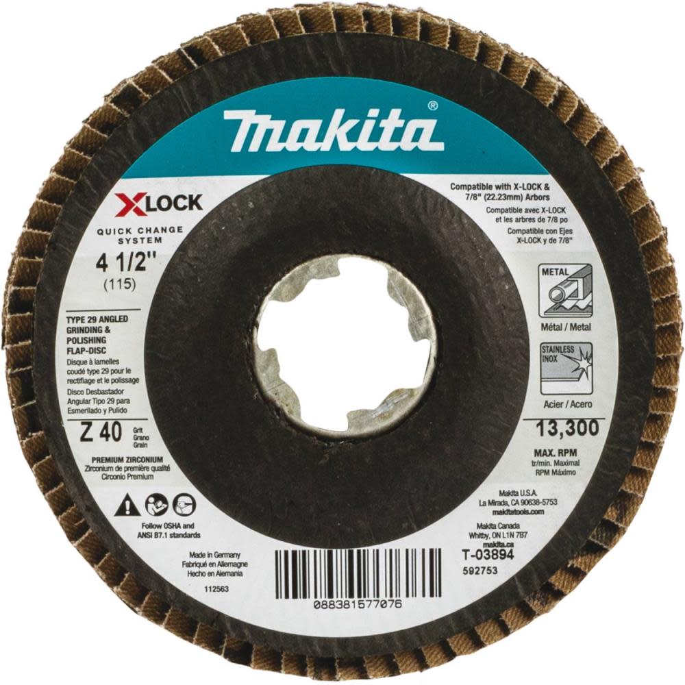 Makita X-LOCK 4 1/2″ Angled Grinding and Polishing Flap Disc for X-LOCK and All 7/8″ Arbor Grinders 40 Grit Type 29 3pk - Ascmtools