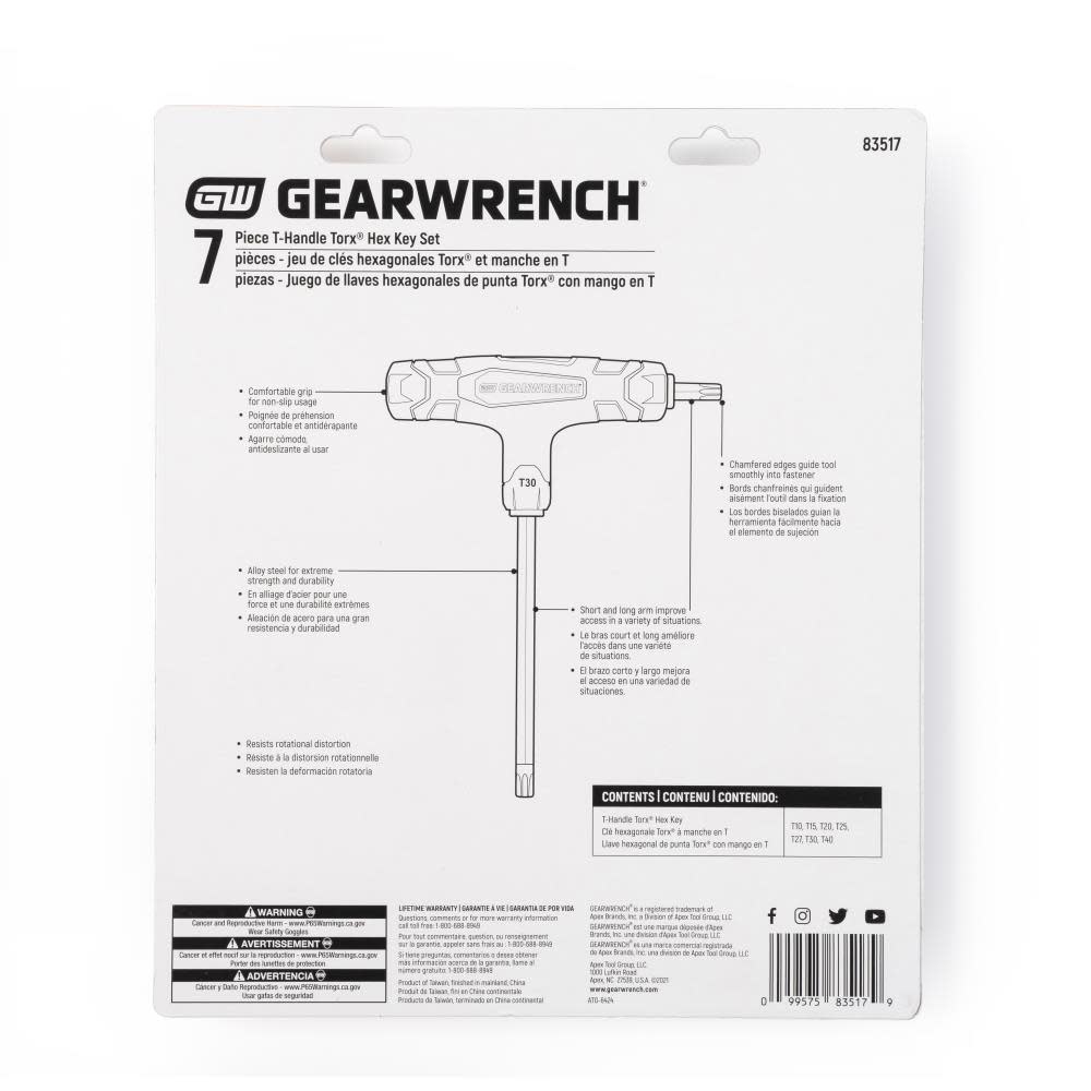 GEARWRENCH Torx Key Set T Handle 7pc - Ascmtools