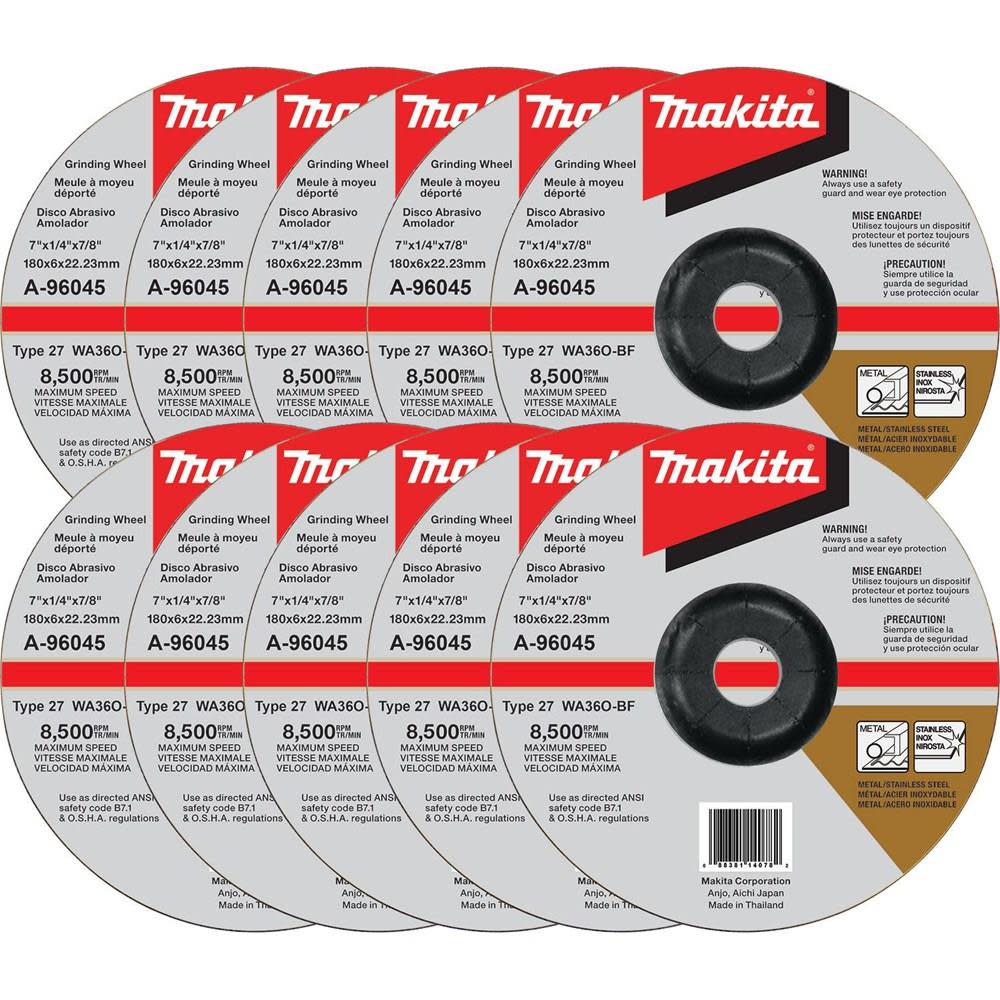 Makita 7 in. x 1/4 in. x 7/8 in. 36-Grit INOX Grinding Wheel (10-Pack) - Ascmtools