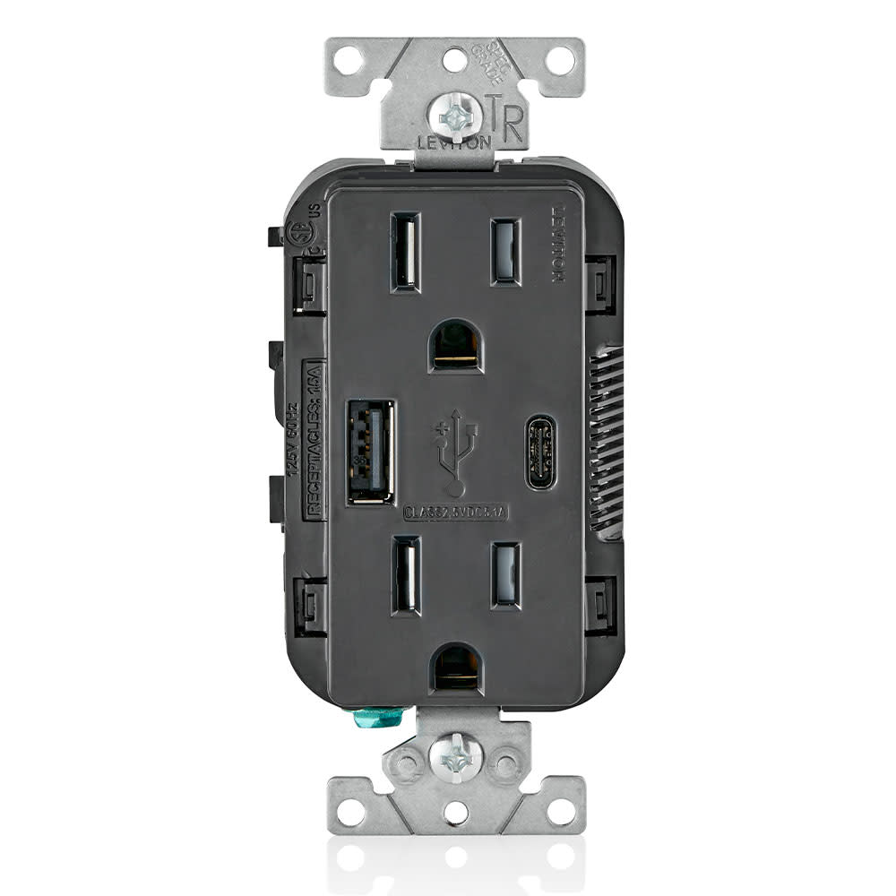 Leviton 15A 125V 5-15R Black Outlet with USB Type A/C Charger - Ascmtools