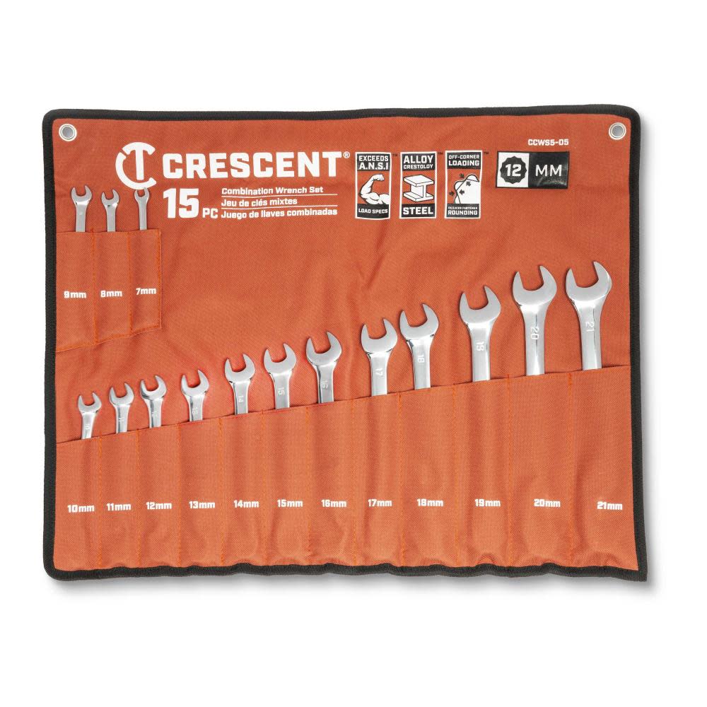 Crescent Metric Combination Wrench Set with Tool Roll 12 Point 15pc - Ascmtools