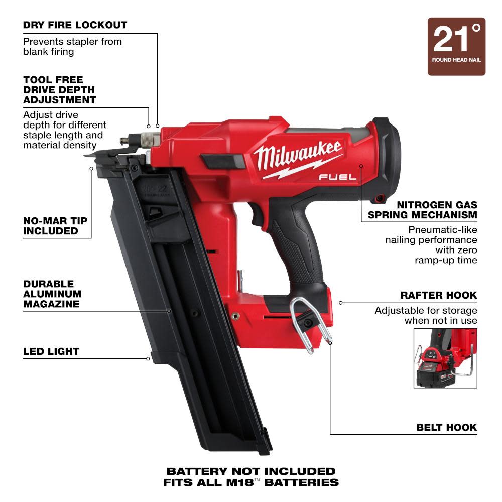 Milwaukee M18 FUEL 21 Degree Framing Nailer Bare Tool Reconditioned - Ascmtools