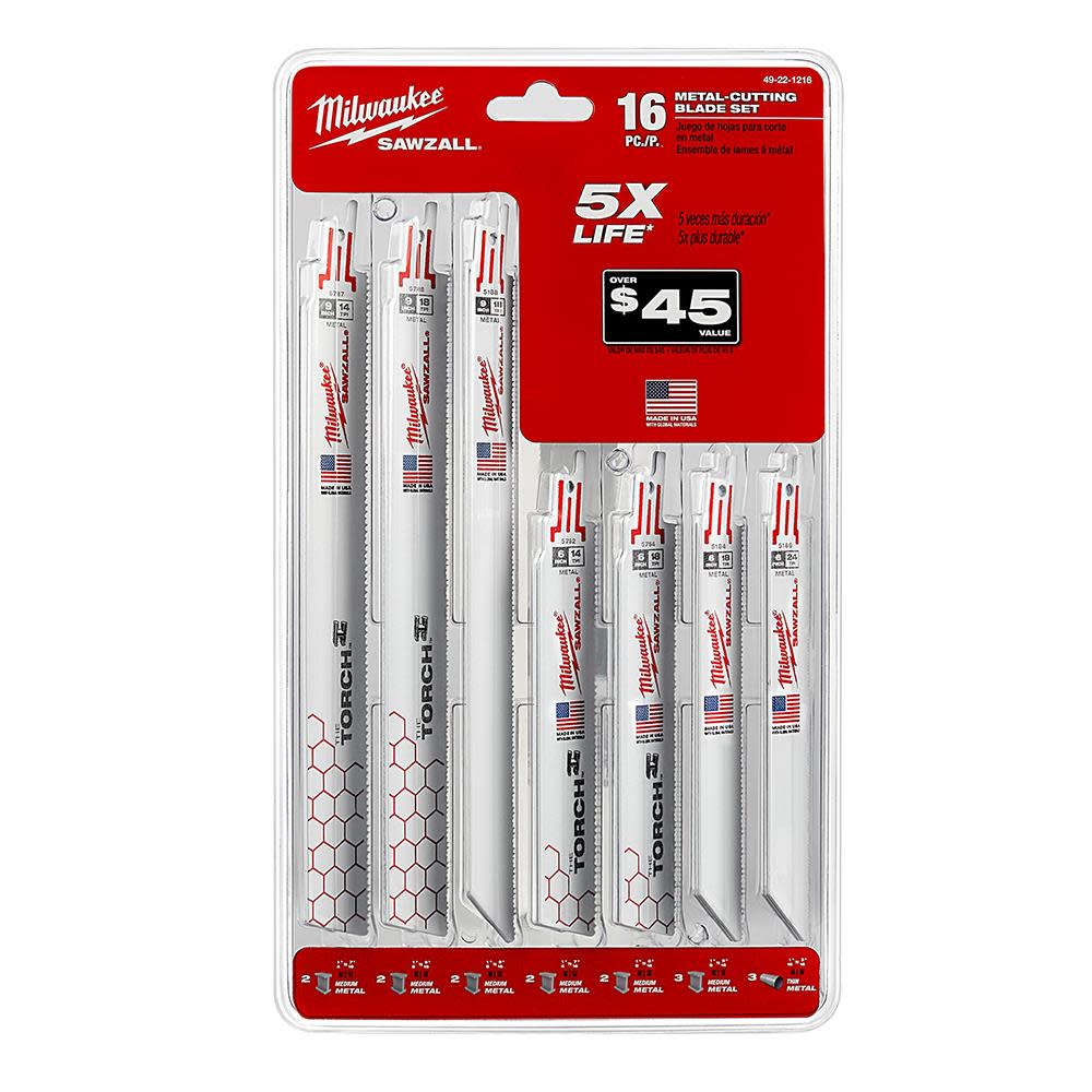 Milwaukee SAWZALL Metal Cutting Blade Set 16pc - Ascmtools