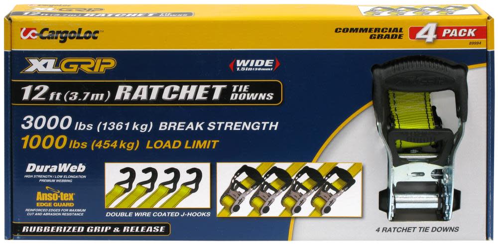 Allied International 4 pc. 1-1/2 In. x 12 Ft. XL Grip Tie Downs - Ascmtools